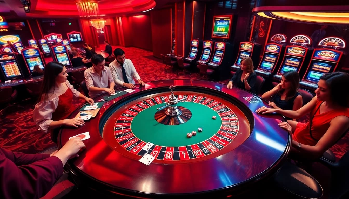 Engaging players at the roulette table in a luxurious casino depicted in https://23wini.online.