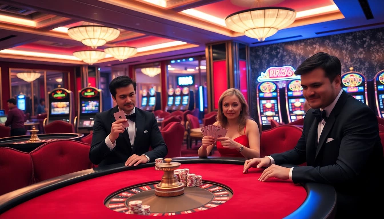 RR88 players engaging at a high-stakes poker table in a luxurious casino atmosphere.
