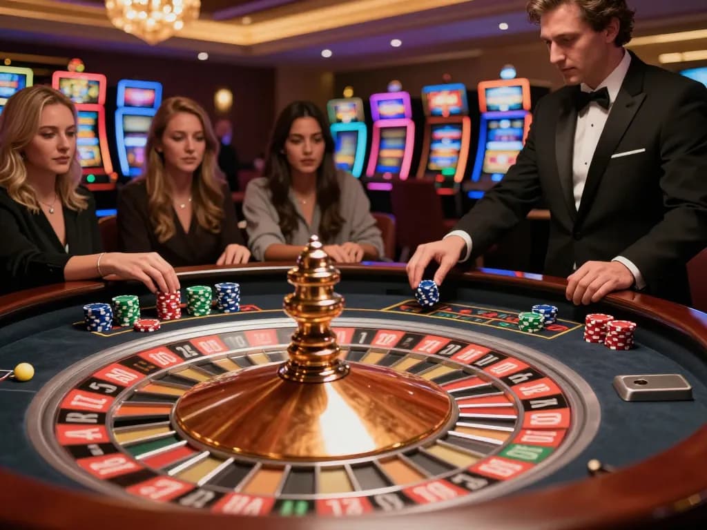 Players engage at a roulette table, chips placed strategically during the game, capturing the excitement of 5679.