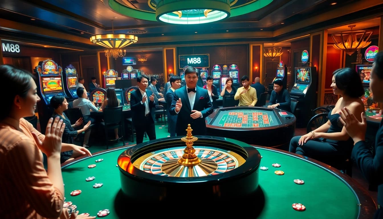 Players enjoying various games at M88 Casino, experiencing excitement and luxury.
