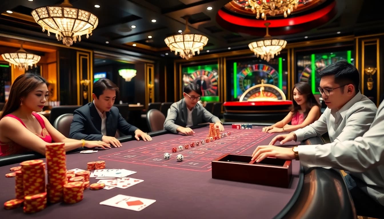 Players placing bets in an engaging game tài xỉu at an upscale casino table.