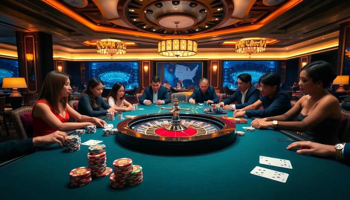 Players enjoying a thrilling game at LV88, surrounded by luxury casino elements.