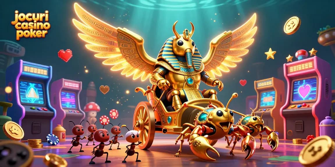 Jocuri casino poker: colosal scarabeu de aur înarmat pe un chariot cu scorpioni, totul într-o atmosferă vibrantă.