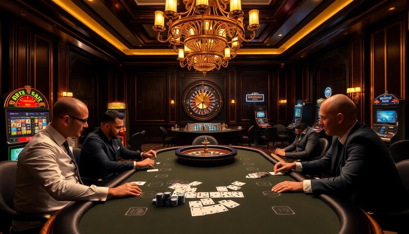 Exciting high-stakes poker game at thabet casino with vibrant slot machines and roulette.