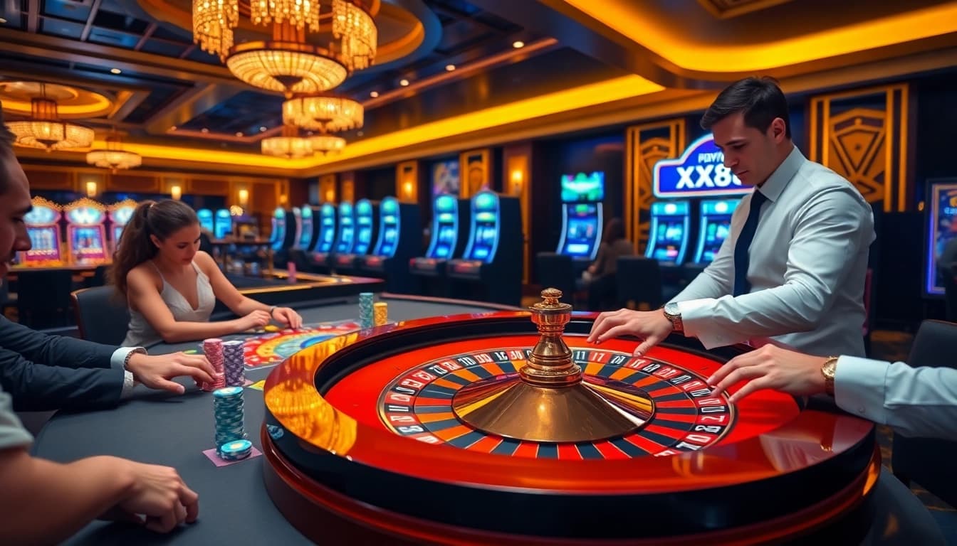 XX88 branded poker chips stacked on a luxurious casino table with players engrossed in the game.