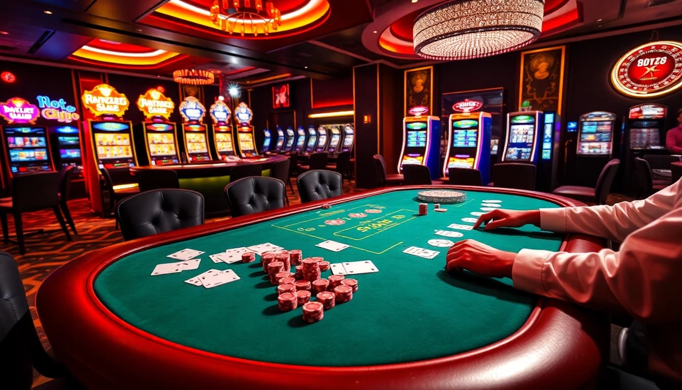 Experience thrilling gameplay at New88 casino with vibrant poker tables and colorful chips.