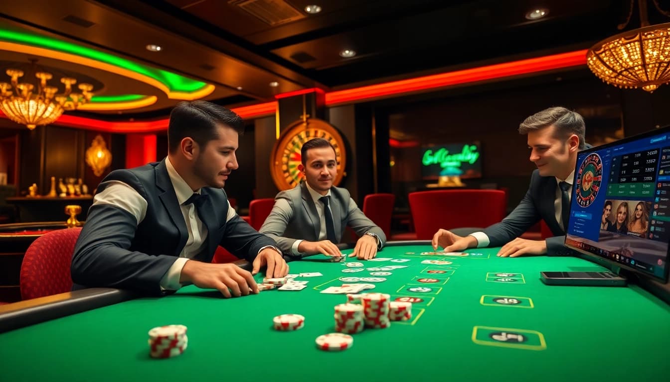 Professional players at a fun79 poker table display excitement and strategy during a high-stakes game.