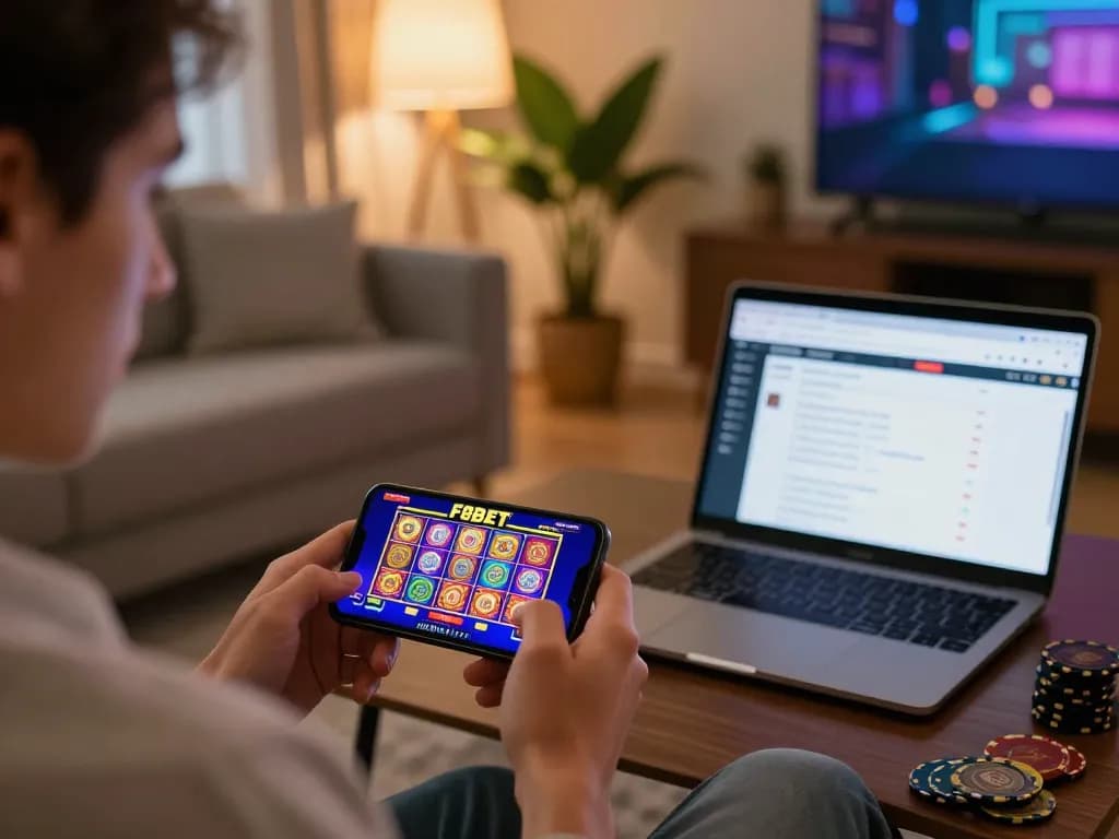 Engaging in F8BET mobile casino gaming with smartphone in a vibrant home setting