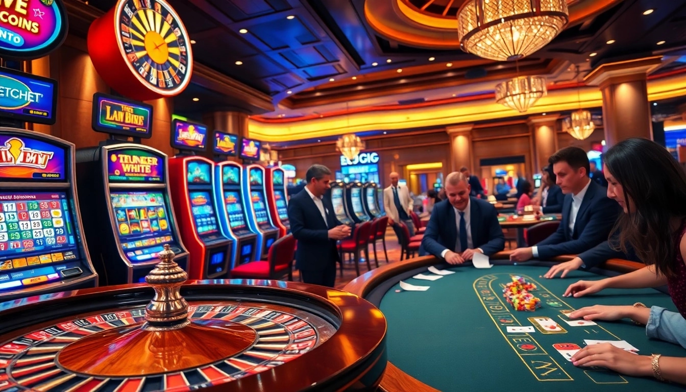 Experience the thrill of gambling with QQMacan's vibrant casino setting featuring sleek slot machines and lively roulette tables.