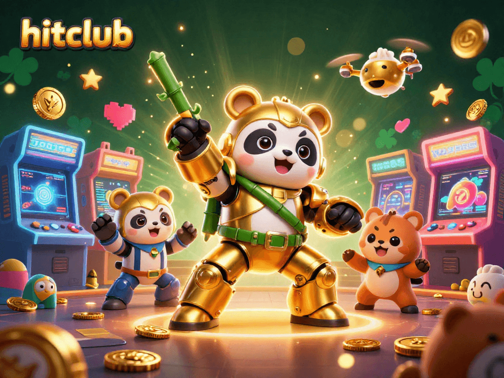 Hitclub showcases a thrilling casino battle scene with a mech-suit panda amidst vibrant gaming elements.
