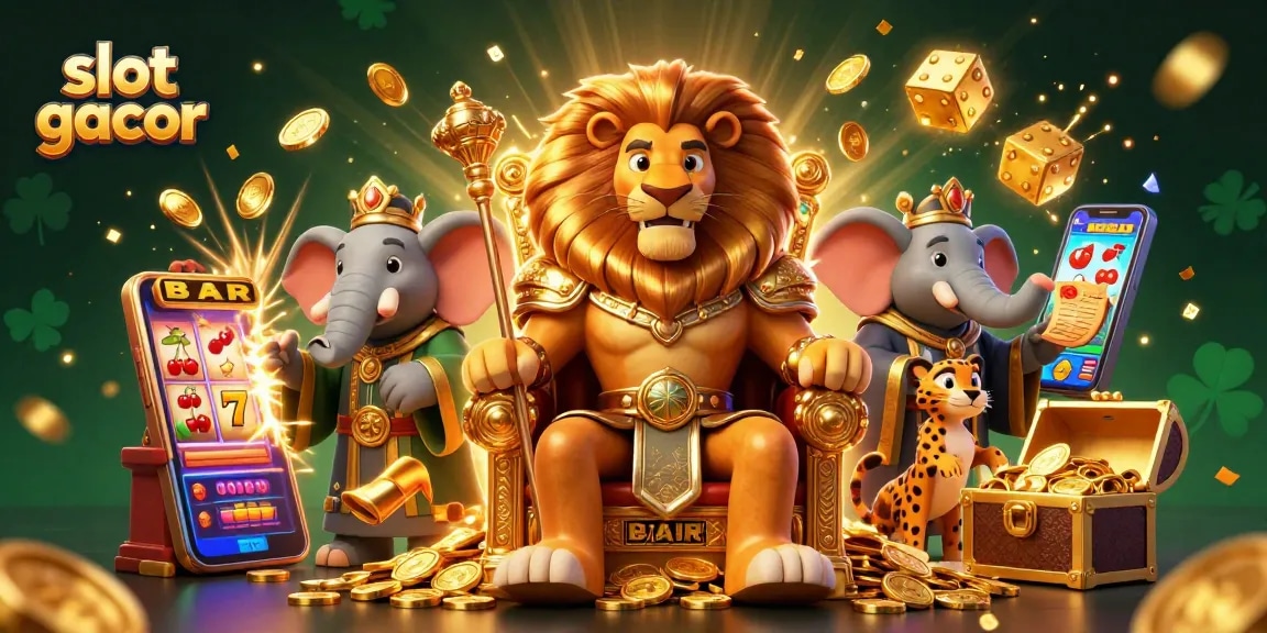 Experience the excitement of slot gacor with a vibrant 3D scene featuring a lion king, elephant advisor, and cheetah messenger.