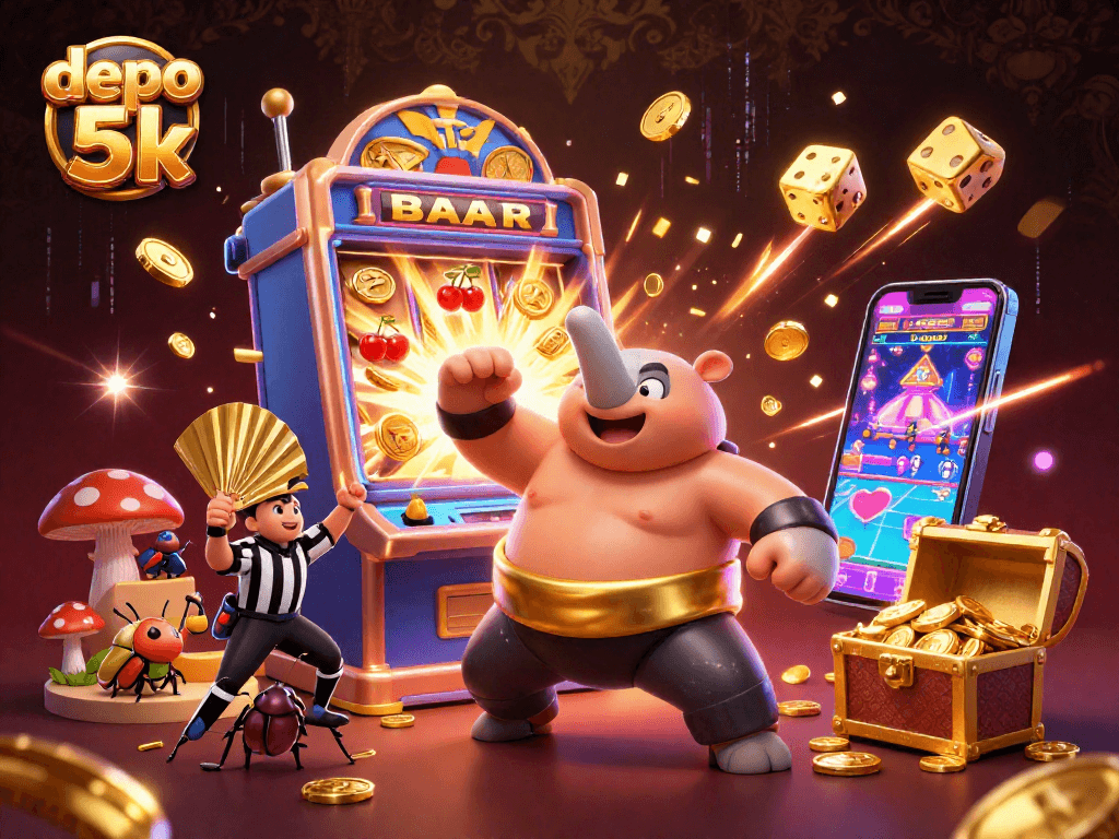 Experience the excitement of depo 5k with a dynamic 3D illustration of casino elements and characters.