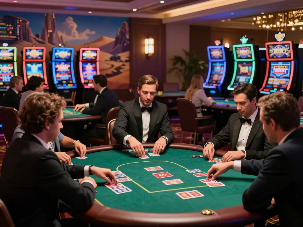 Players enjoying strategic poker gameplay at vaobet casino amidst vibrant lights and luxury settings.