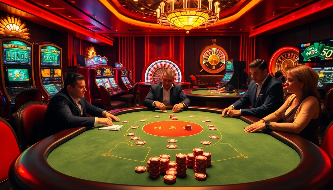 Players enjoying high-stakes poker at a luxurious casino table inspired by hm88.com
