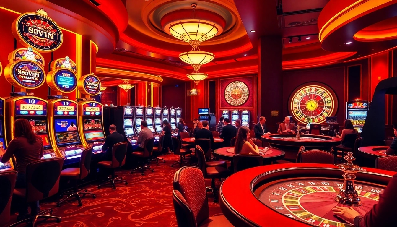 Exciting gaming scene at 69VN showcasing players engaging with slot machines and card games.