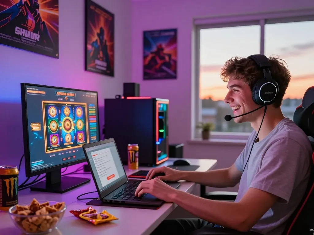 Exciting gaming setup showcasing free credit 918kiss on a laptop with colorful LED lights.