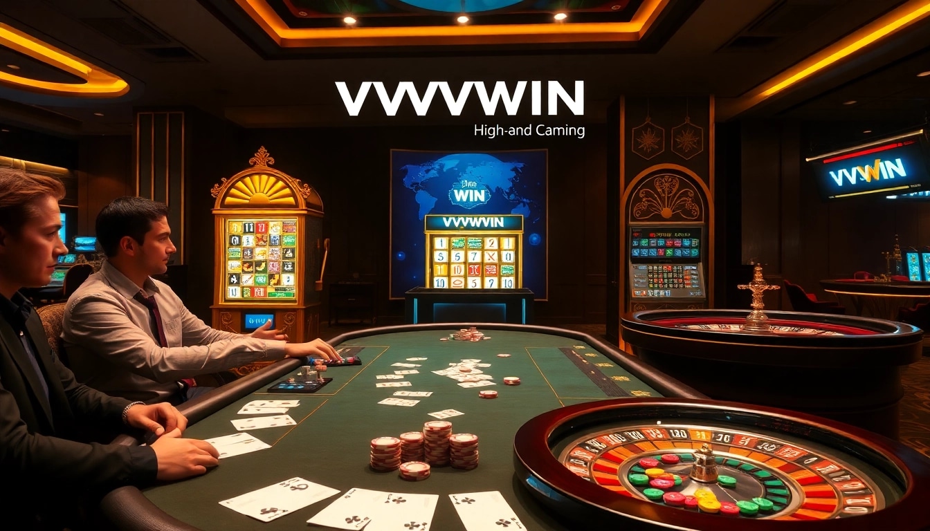 VVVWIN casino scene featuring poker and slot games in a luxurious environment.