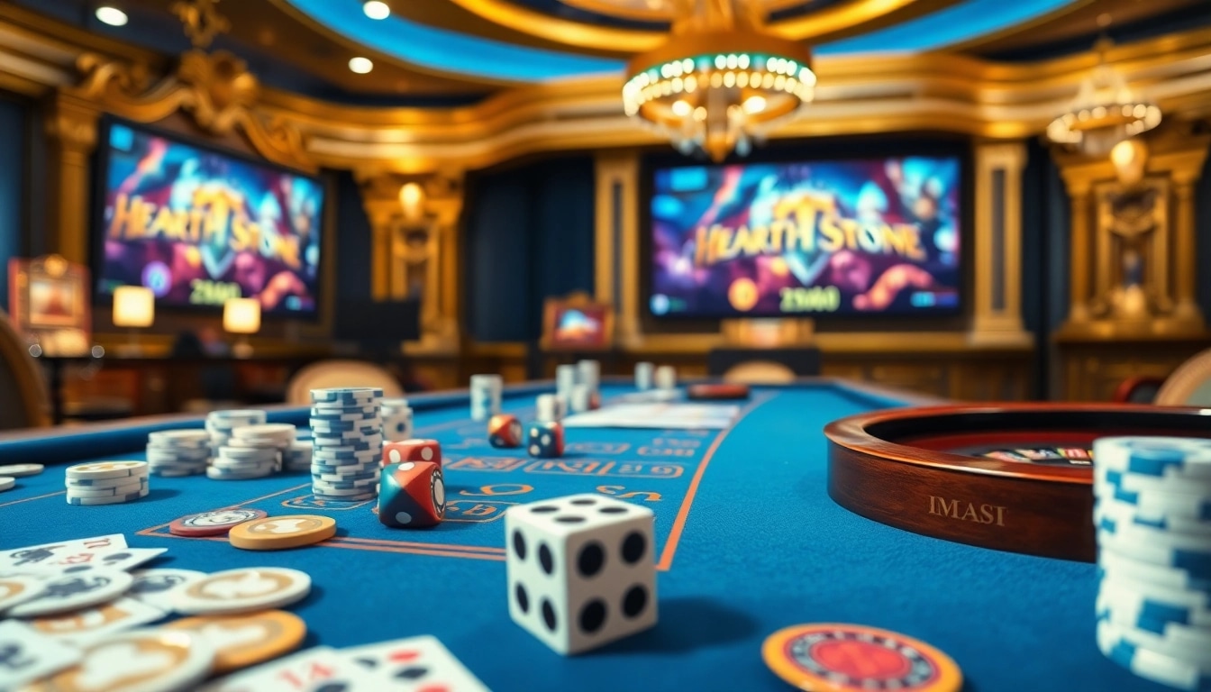 E1 Sport แทง Hearthstone betting table with poker chips and cards in a luxurious casino setting.