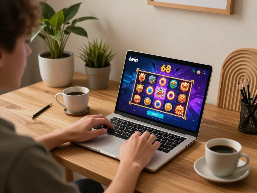 Engaging with the iwin 68 online casino app on a laptop for an exhilarating gaming session