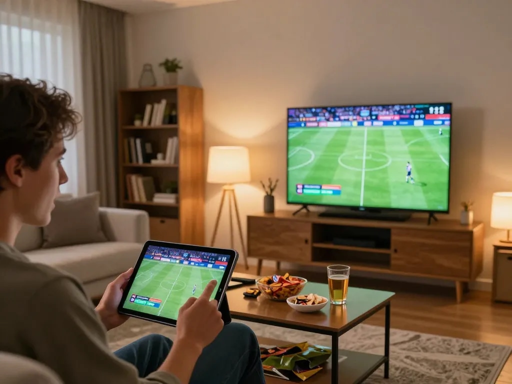 Person engaged in live kqbd soccer betting while enjoying a game at home.