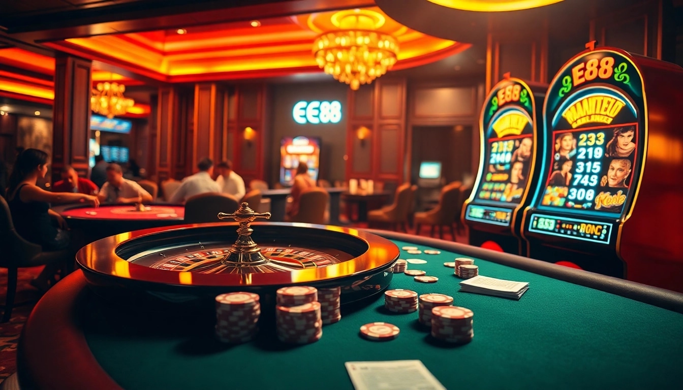 Experience the thrill of EE88 with an engaging casino scene displaying roulette and vibrant poker action.