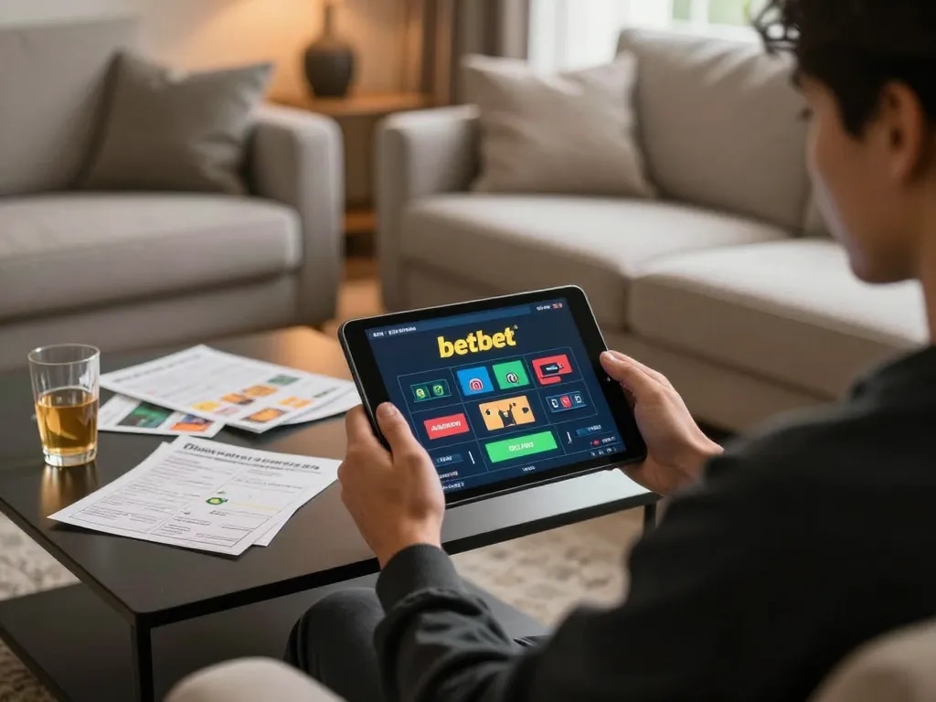 Engaged player using the betbet app on a tablet, surrounded by gaming strategy materials in cozy home setting