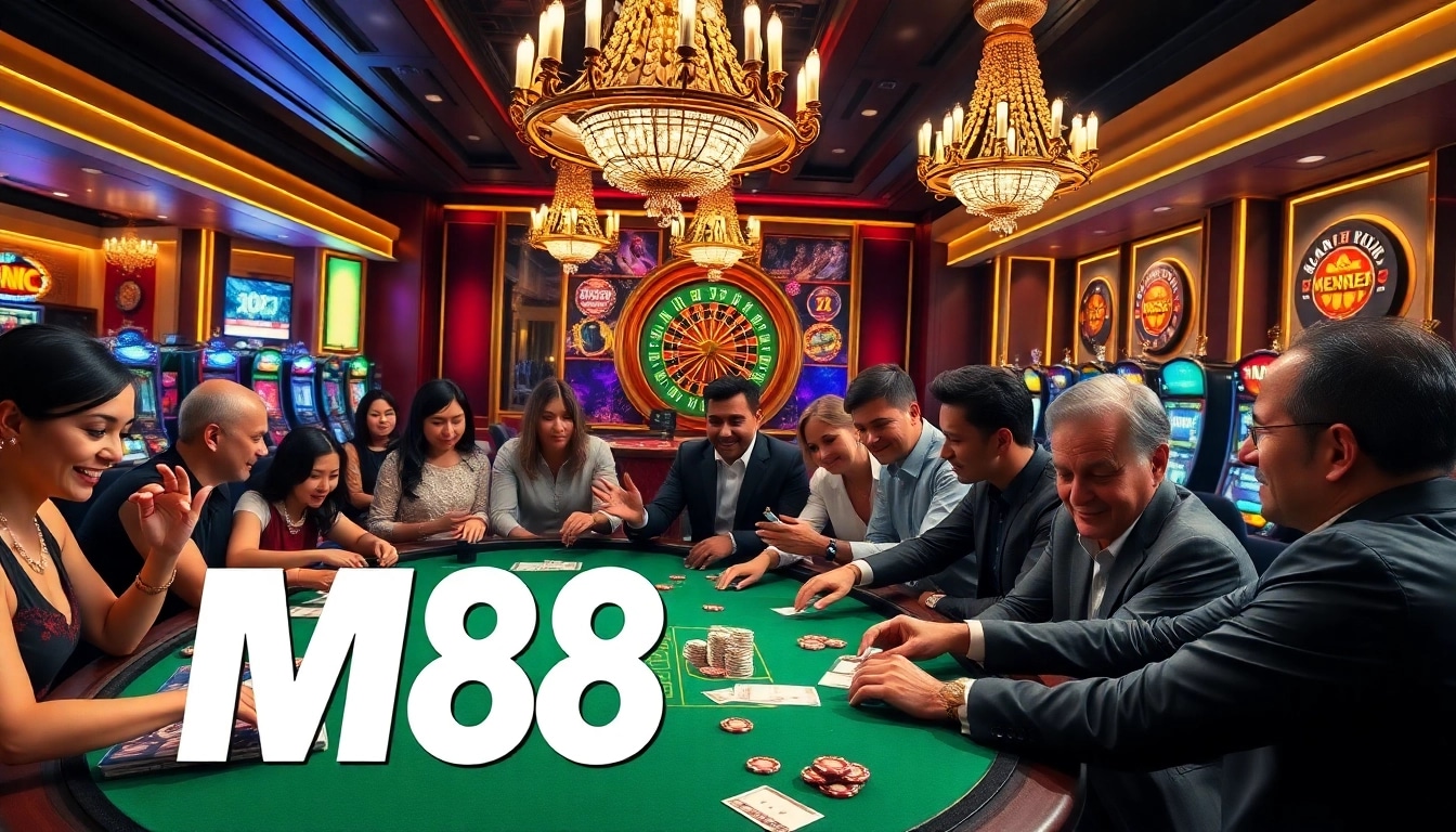 M88 branded casino excitement with gamblers at a poker table and roulette wheel.