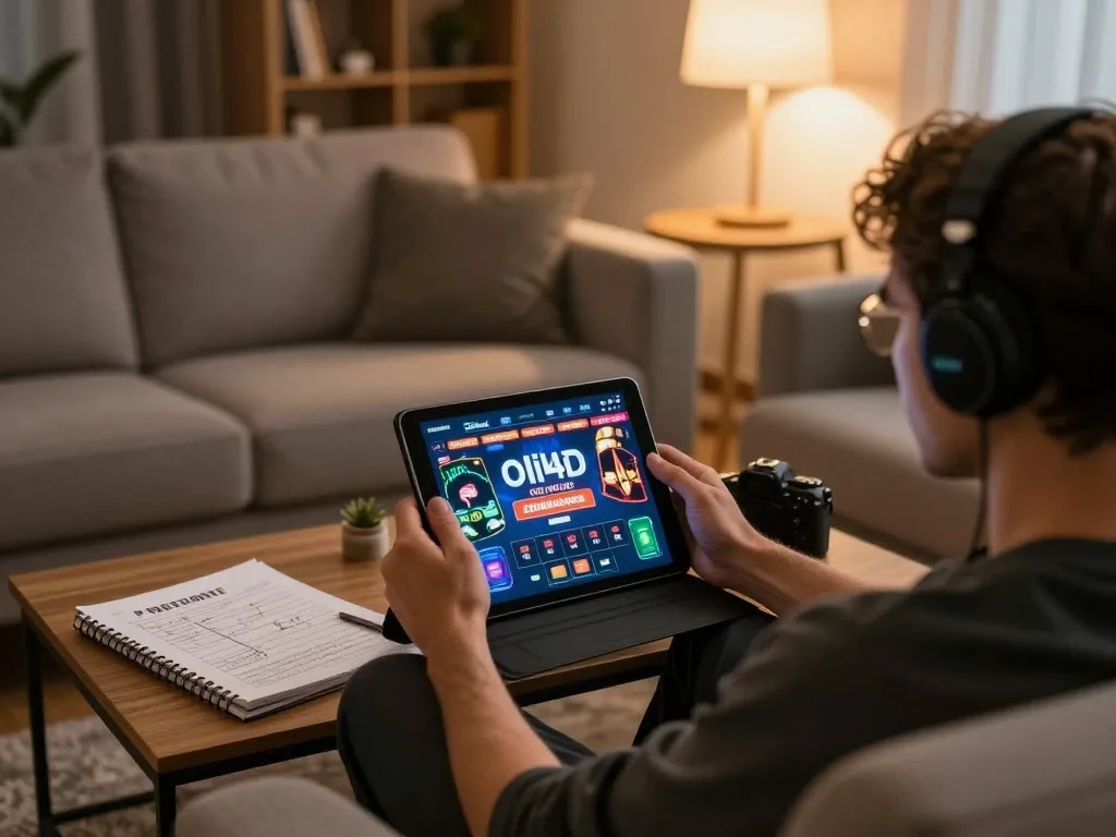 Gamer using oli4d tablet in a cozy home setting, focusing on casino strategy