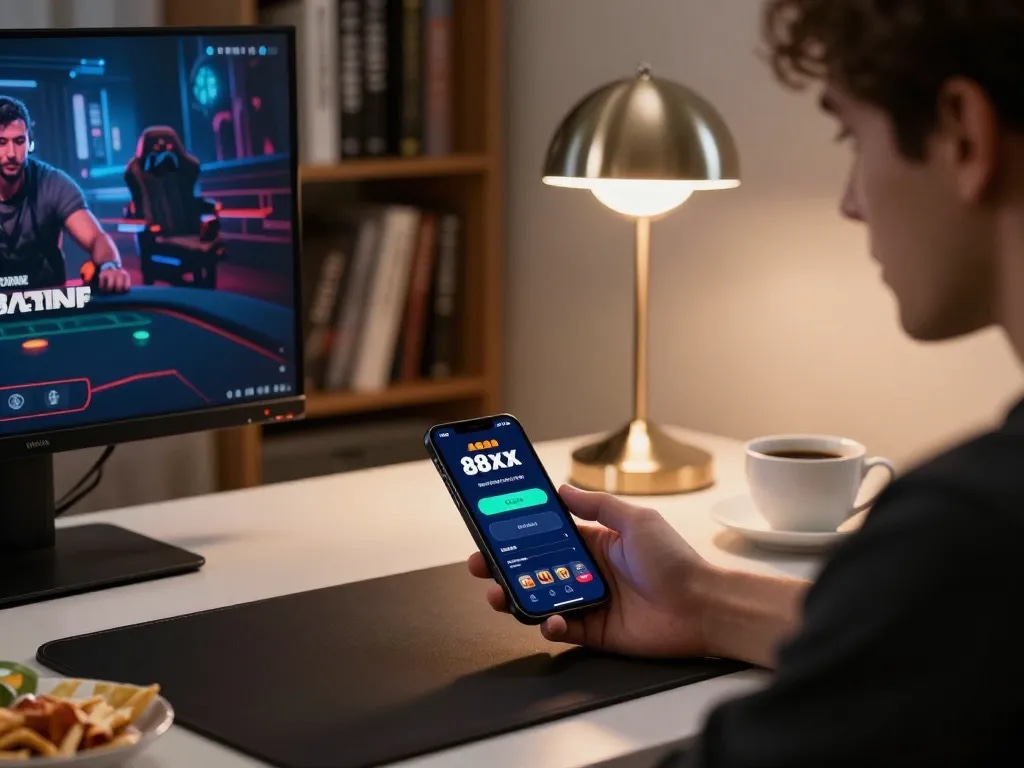 Engaging in 88xx bet using a smartphone for a strategic gaming experience at home.