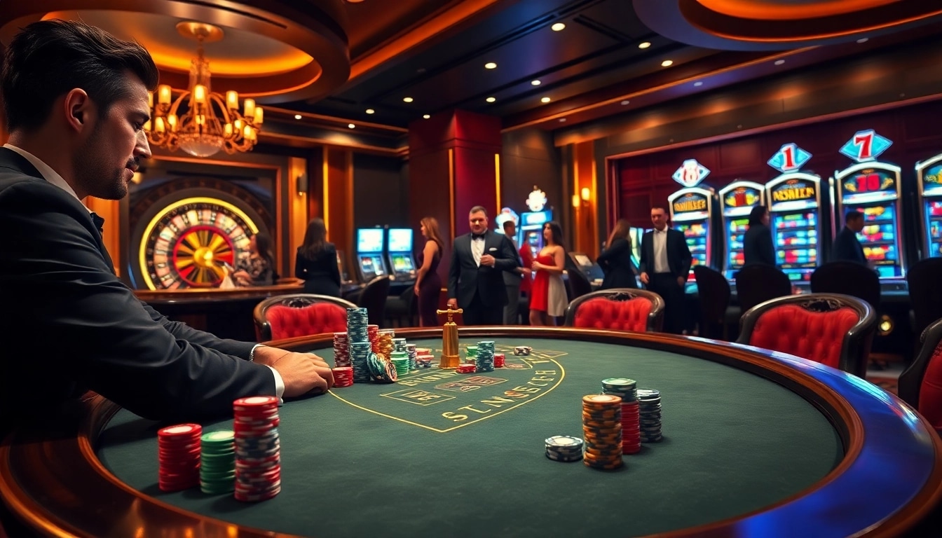 Play exciting poker at mm88 with vibrant chips and a glamorous casino atmosphere.