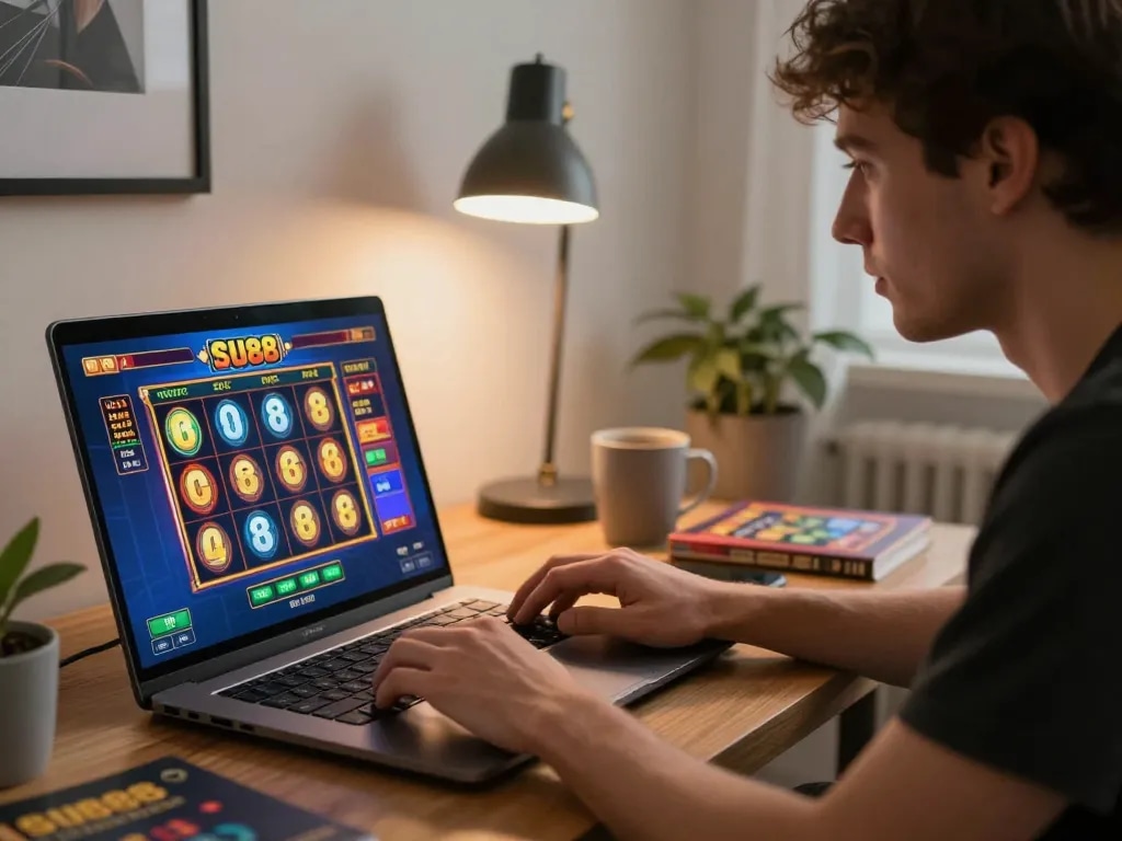 Engaging in slot88 gameplay, player focused on laptop screen, cozy gaming environment