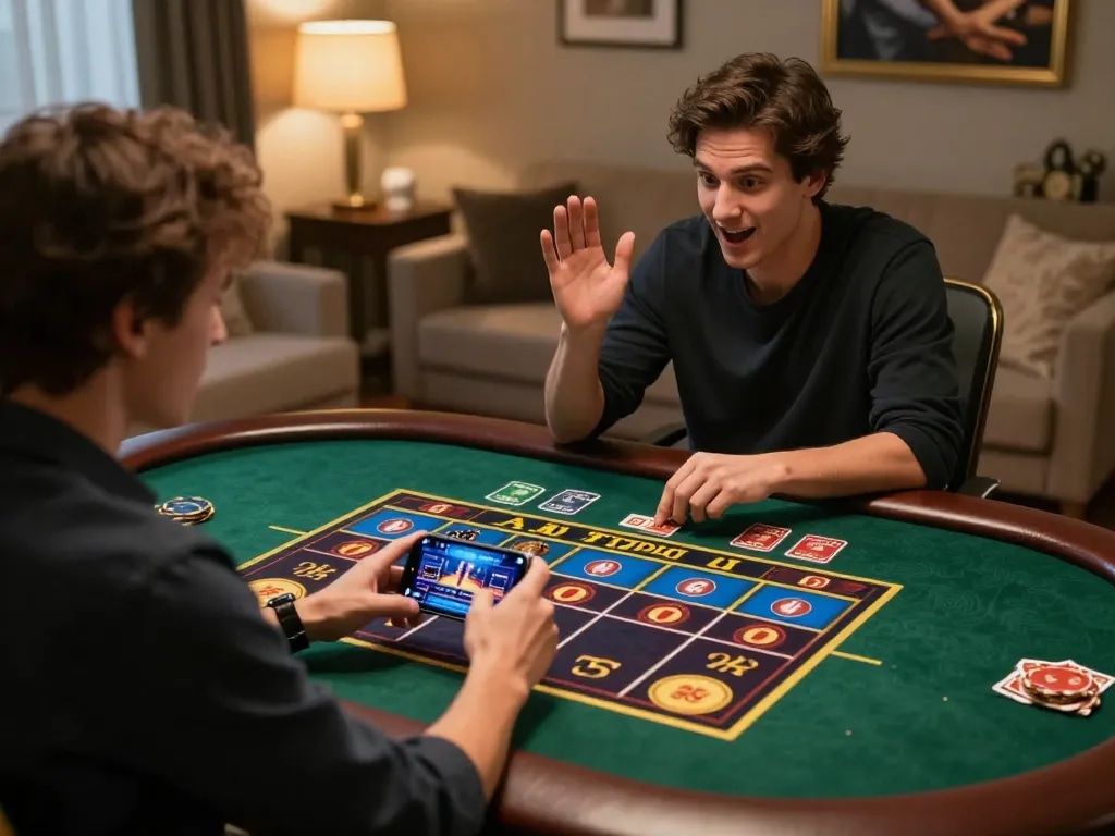 king33 player enjoying a thrilling mobile casino game in a cozy home setting