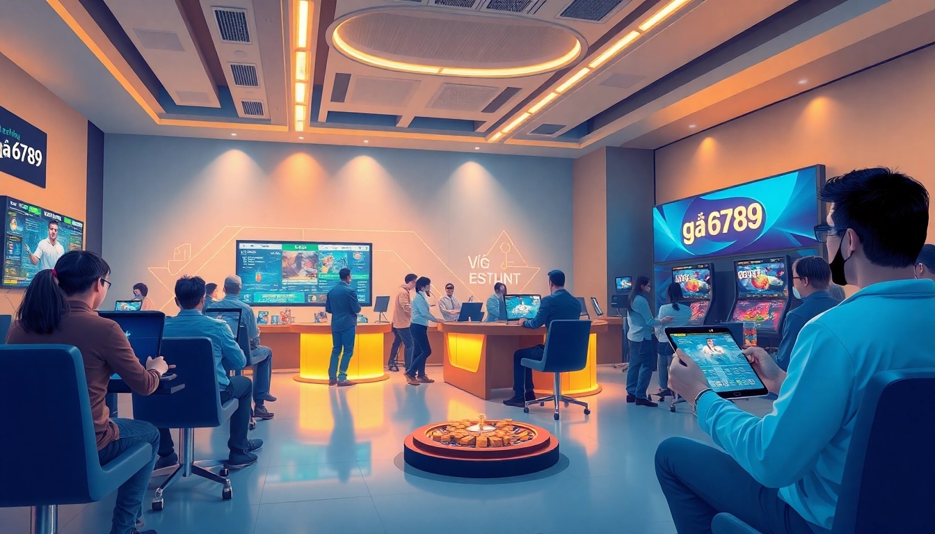 Users engaging in online gambling activities featuring gà 6789 on mobile devices, showcasing vibrant digital screens and an exciting atmosphere.