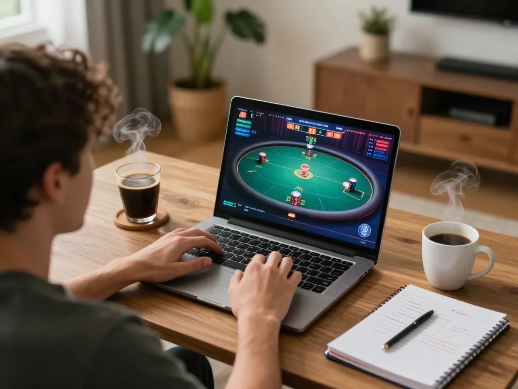 Player enjoying an online poker game at home using 888NEW, with strategy notes and drinks nearby.