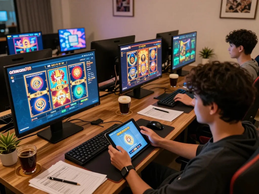 A player enjoying aman788 slot online on a tablet, showcasing vibrant graphics and engaging slot gameplay.