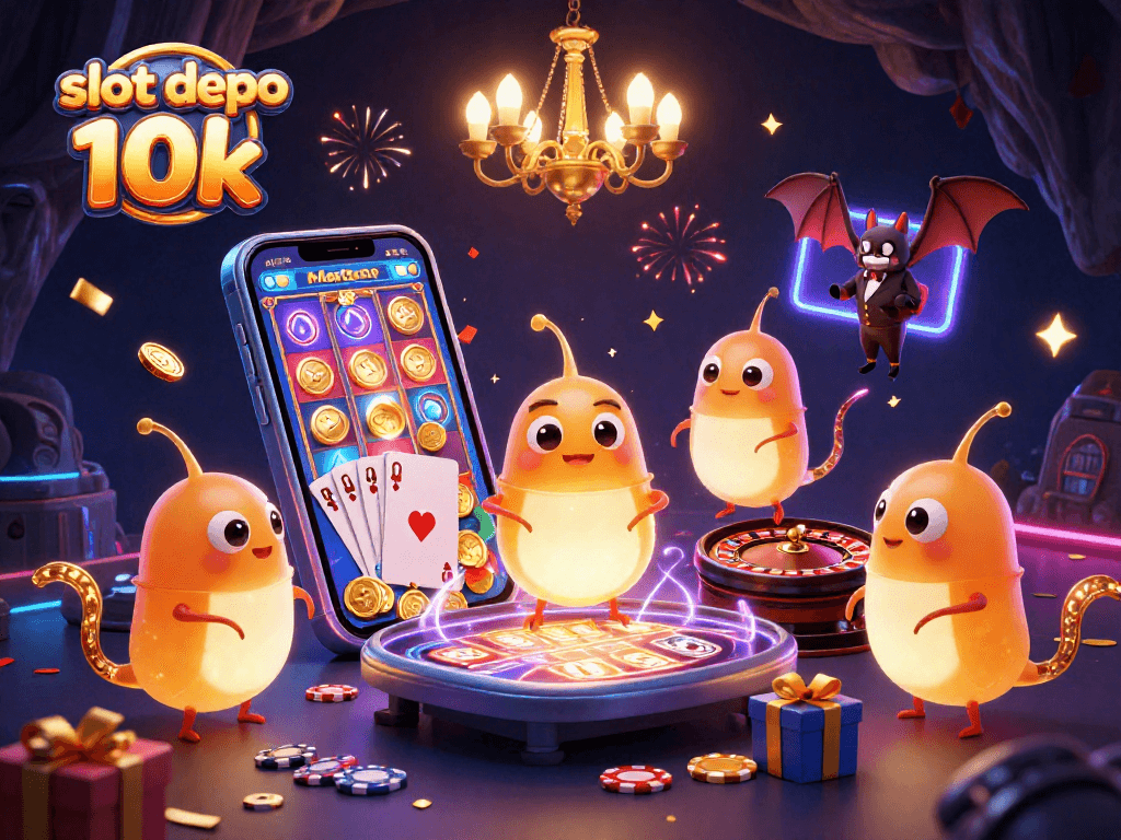 Experience thrilling slot games at slot depo 10k with vibrant visuals and engaging characters in this casino scene.