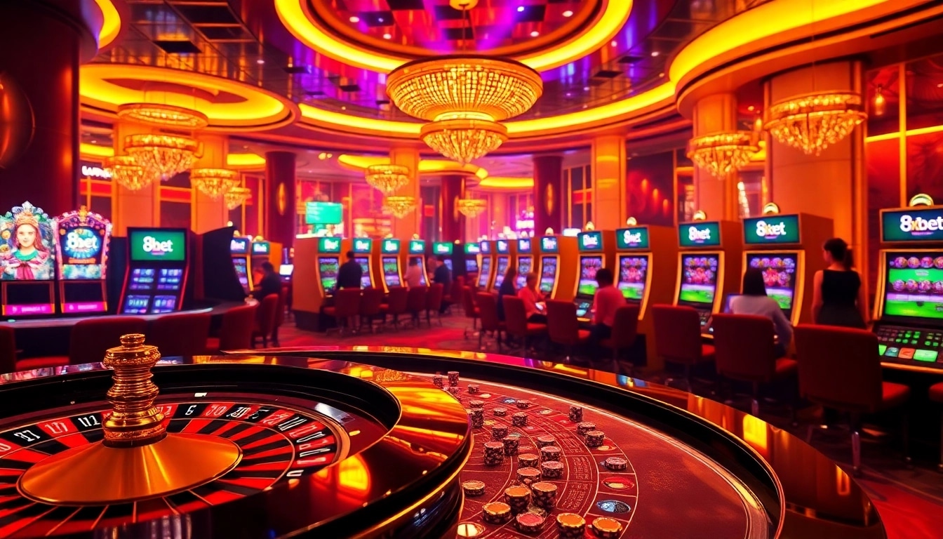 Excited players engaging in thrilling gameplay at 8Xbet casino with lights and colorfully designed slot machines.