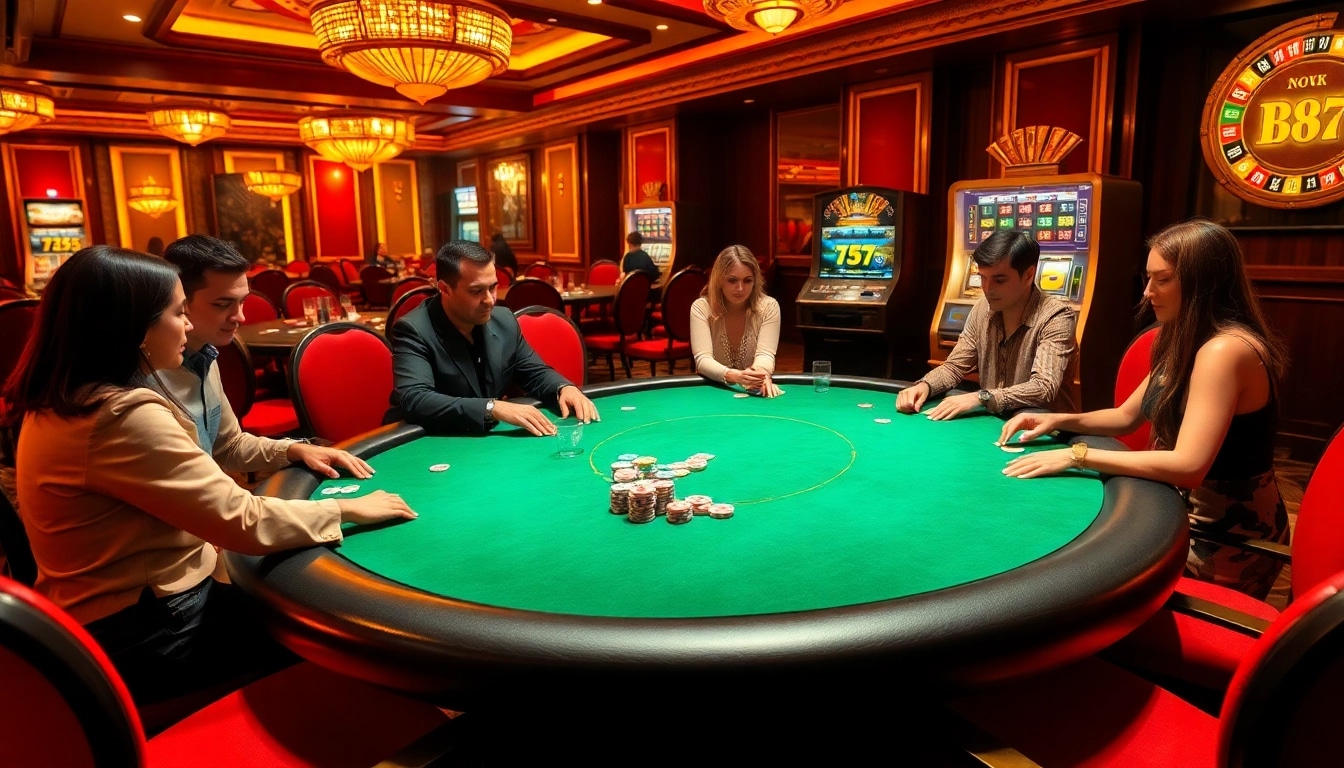 Players enjoying a thrilling poker game at MM88 casino with vibrant atmosphere and luxury elements.