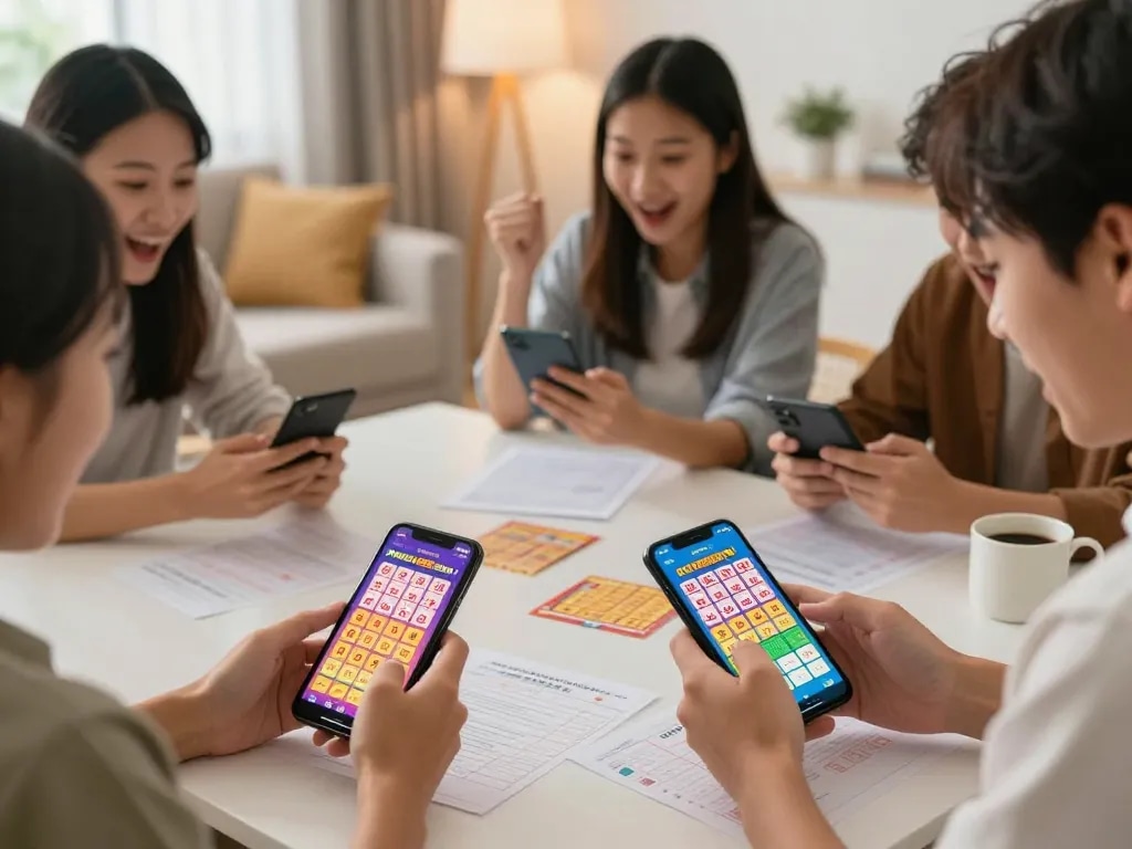 Players engaging with macantogel lottery app on mobile devices in vibrant home setup