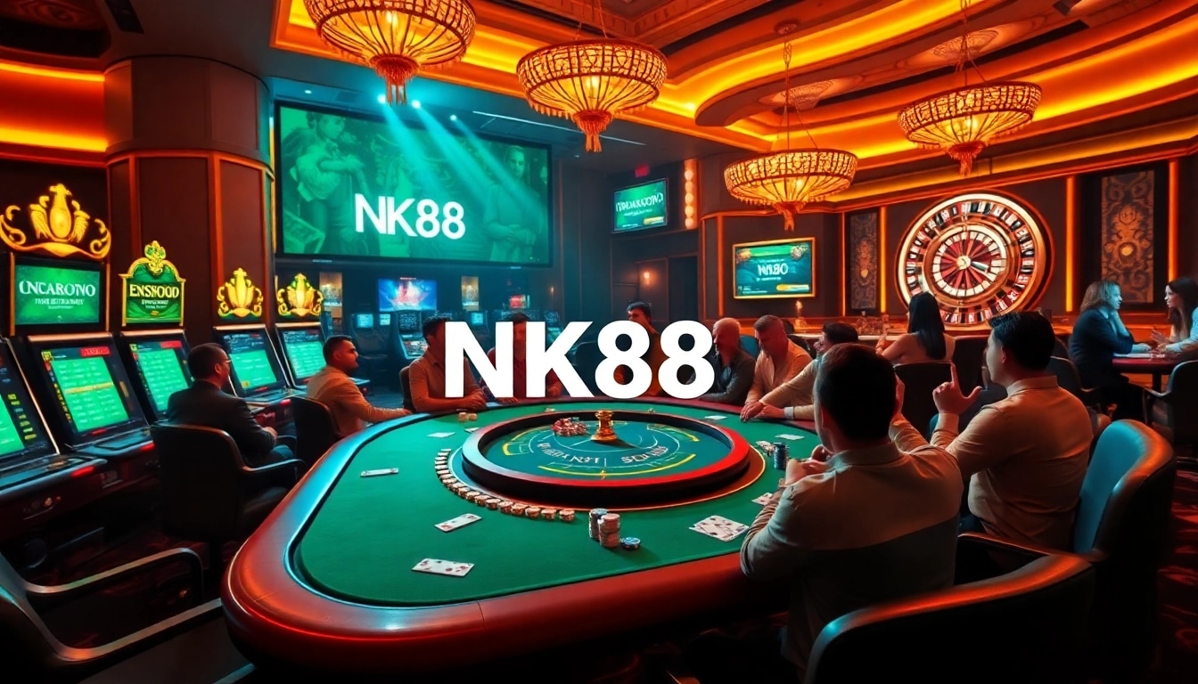 Players enjoying an exciting online gambling experience at NK88's luxurious casino table, showcasing high-stakes action.