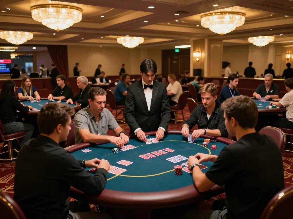 Players enjoy a thrilling poker game at an upscale casino featuring 888 VI tables.