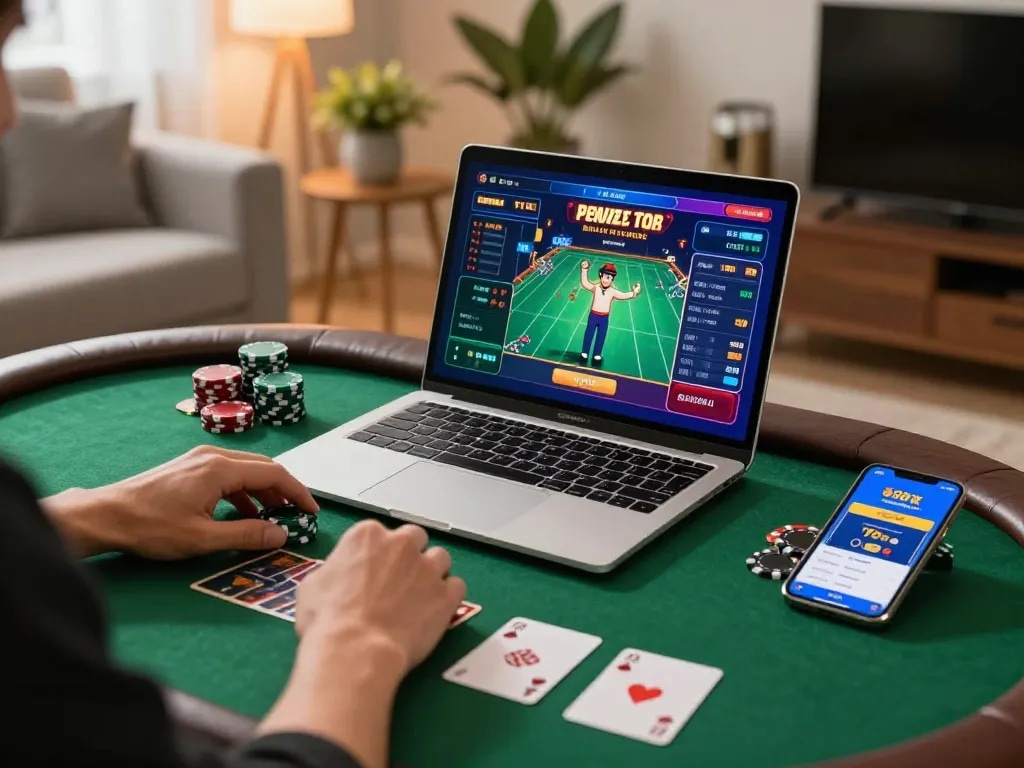 Person playing online casino games on 789club app with poker chips, cozy home setup
