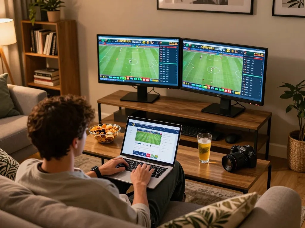 Placing bets on kèo bóng đá hôm nay with excitement in a modern home setup.