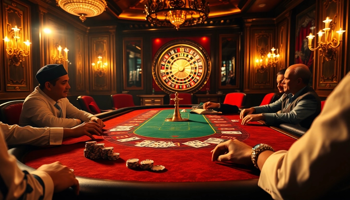 Engaging players at the hit club casino table with poker chips and playing cards.