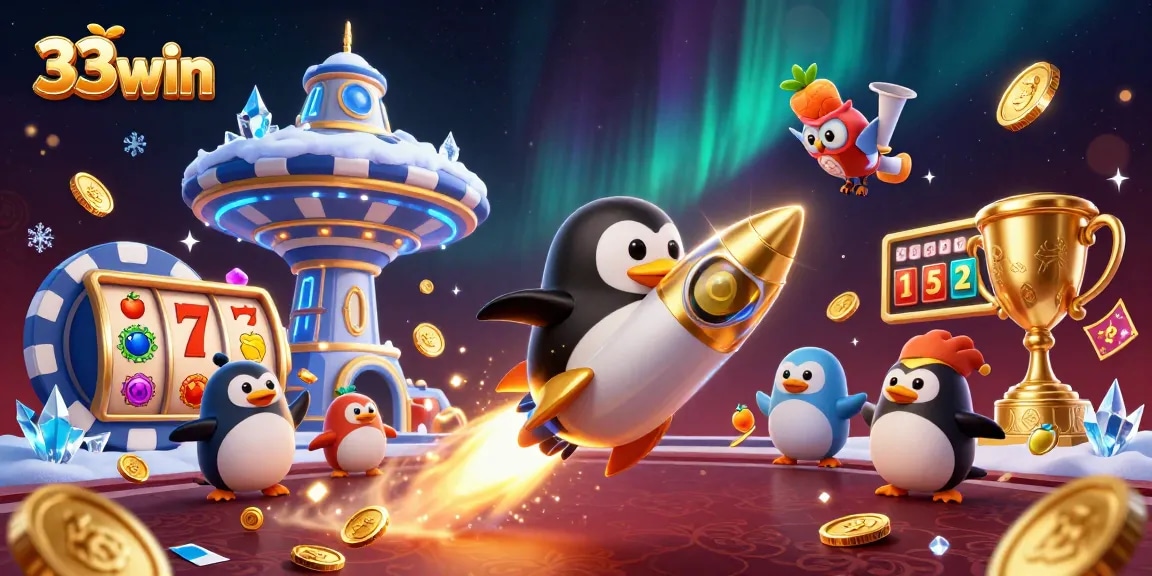 Engage with 33win's thrilling gaming experience featuring a golden penguin in a dynamic casino illustration.