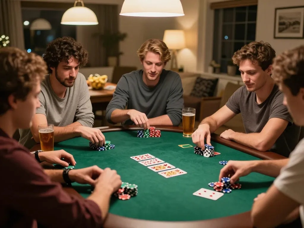 Friends enjoying a poker night while playing at home, highlighting the excitement of ph365.cx games.