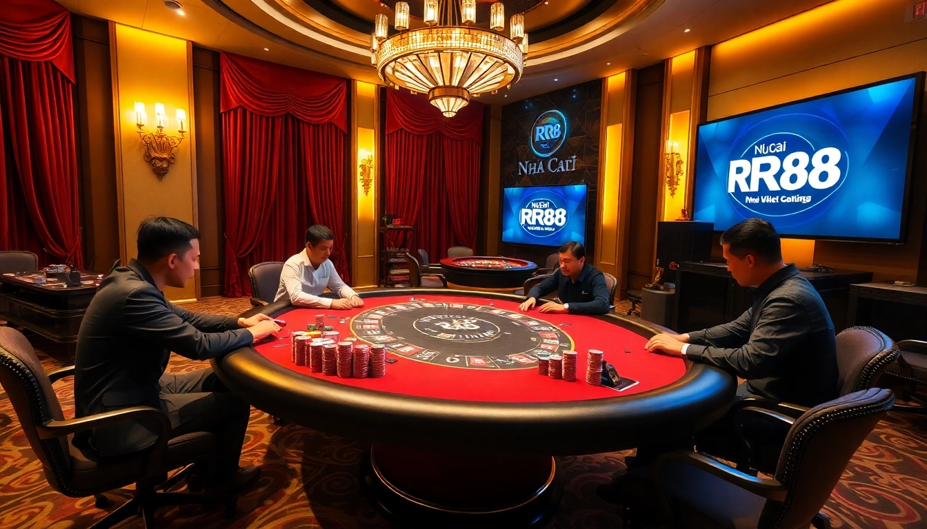 Engage in thrilling gameplay at Nhà Cái RR88’s luxurious poker table, featuring vibrant chips and an exclusive ambiance.