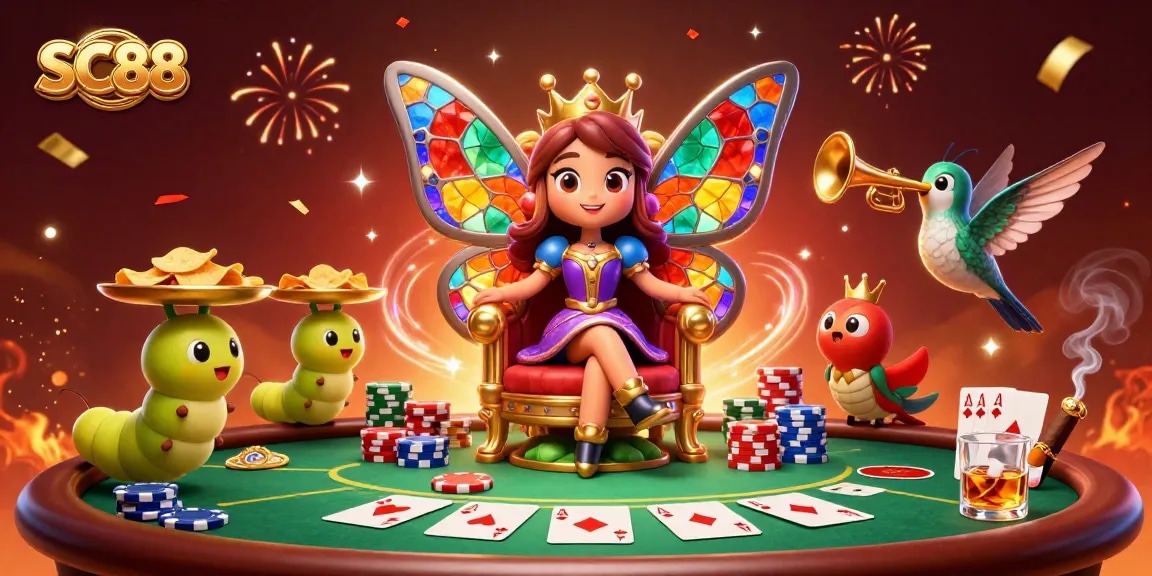 Engaging SC88 gaming scene with a butterfly queen amidst a vibrant poker atmosphere.