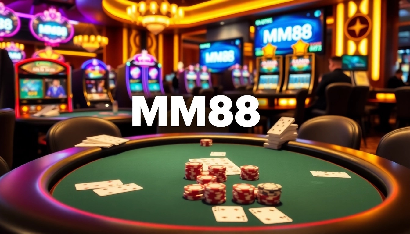 Players engaging in a thrilling MM88 casino game at an upscale poker table with vibrant slot machines.