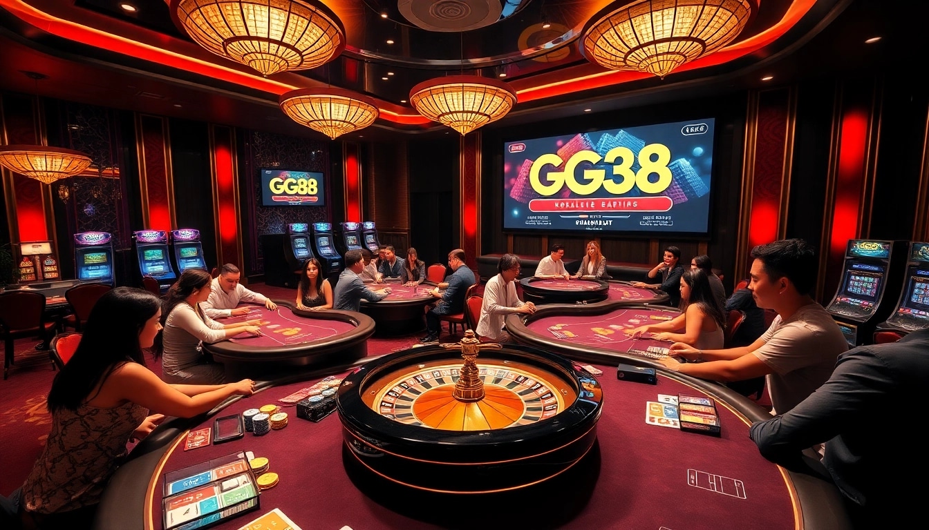 GG88 online gaming experience featuring excited gamblers at poker and roulette tables.